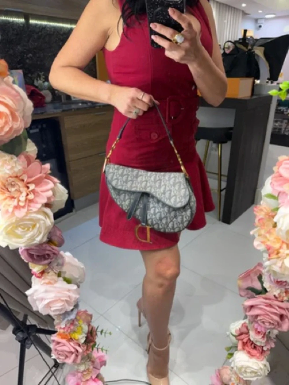 Dior Beige & Gray Monogram Saddle Shoulder Bag with Gold Hardware - Picture 7 of 8